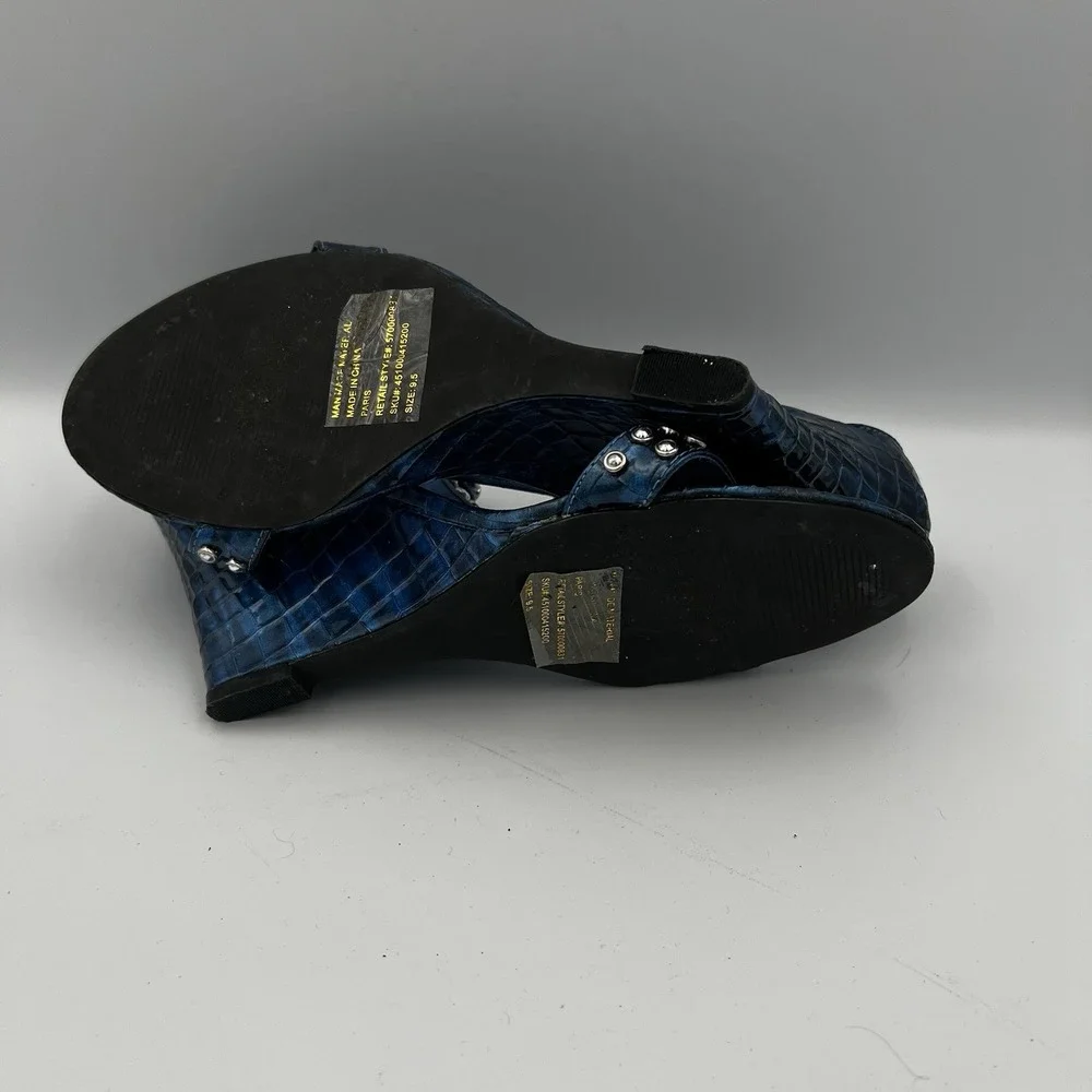 White House Black Market Paris Blue Studded Ankle Strap Wedges‎ Size 9.5